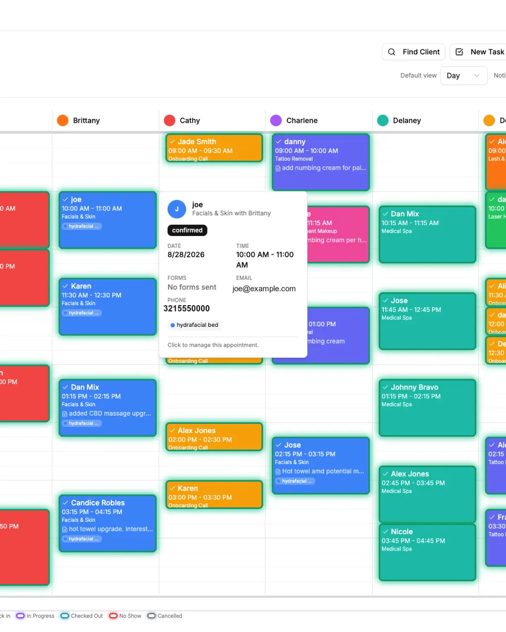 The Tersavia booking calendar with an appointment detail open